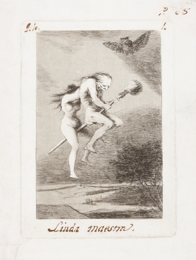 A black and white print of a nude older woman and a nude young woman riding on a broomstick above a landscape. An owl flies above them