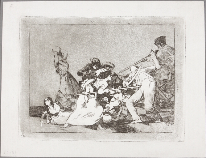 A black and white print of a woman holding a baby, attacking a soldier with a spear, while other women defend themselves from additional soldiers