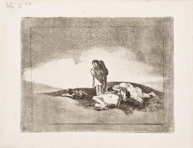 A black and white print of a figure with their hand over their face, standing next to bodies lying on the ground in a desolate landscape