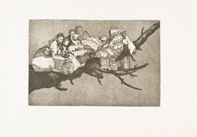 A black and white print of a group of sitting figures huddled together on a branch