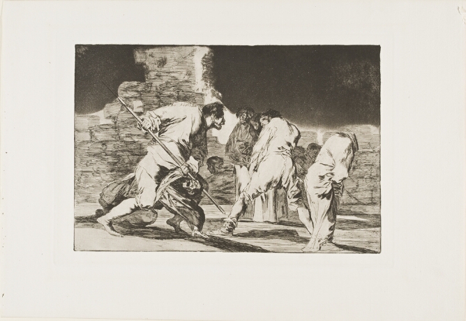 A black and white print of a standing man with bulging eyes holding a spear-like object, knocking down a figure and positioned to attack another figure standing before him by a ruinous wall