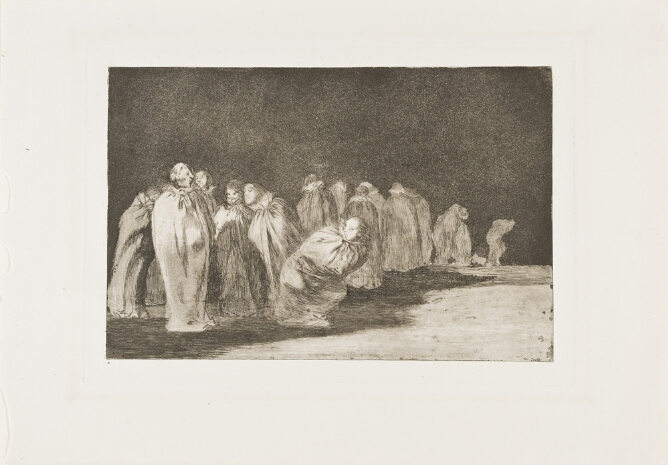 A black and white print of a group of figures standing in sacks up to their necks, with one figure trying to leave the group