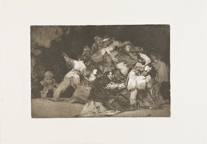 A black and white print of a heap of muddled figures in shadow. A grotesque figure extends their hands out to a standing figure holding cats