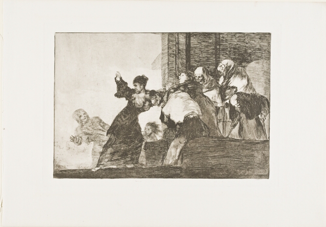 A black and white print of a two-headed standing woman simultaneously looking back at a figure while also approaching a group of elderly figures on steps