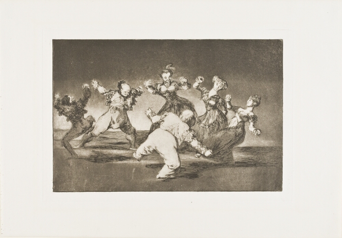 A black and white print of men and women dancing in a circle
