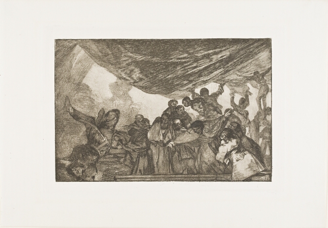 A black and white print of a group of rowdy figures under an awning. A figure to the viewer's left is falling in the air head first