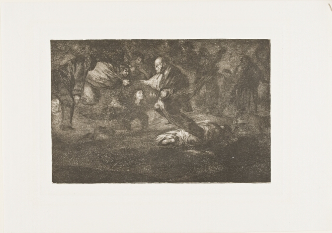 A black and white print of a figure lying on the ground with phantom-like figures blurred together in shadow and floating above the figure