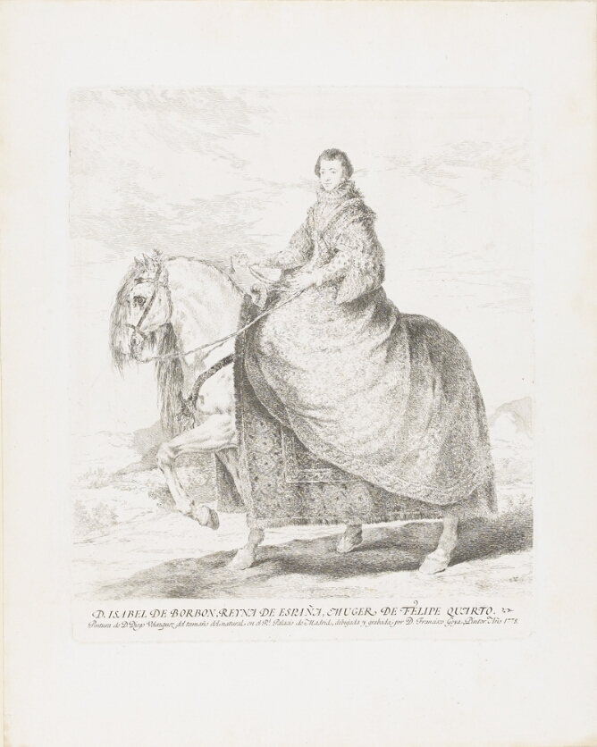 A black and white portrait of a woman on a horse, wearing a formal dress, set against a landscape