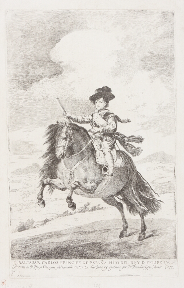 A black and white portrait of a young boy on a rearing horse, wearing a plumed hat and sash, holding a baton, set against a landscape