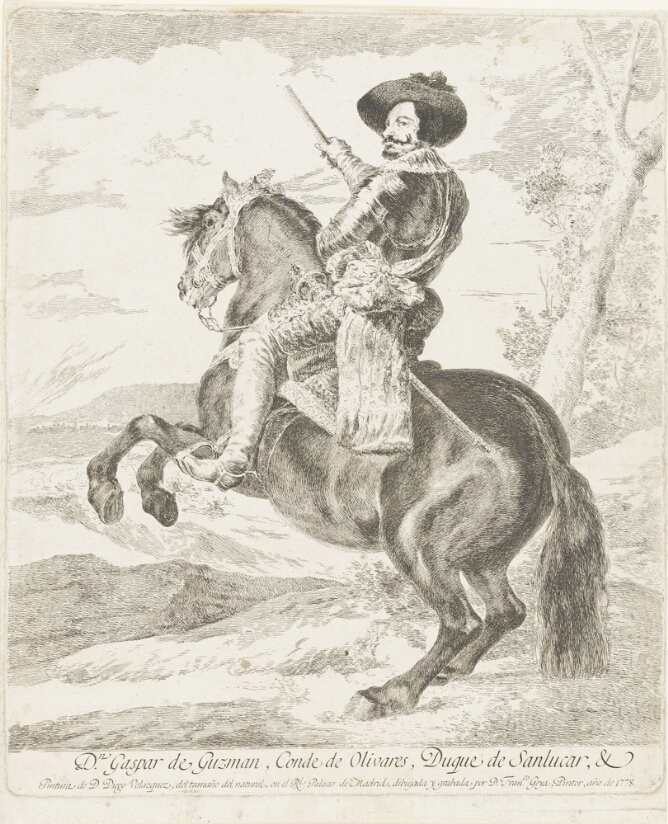 A black and white portrait of a man on a rearing horse, pointing forward with a baton and looking back at the viewer, set against a landscape