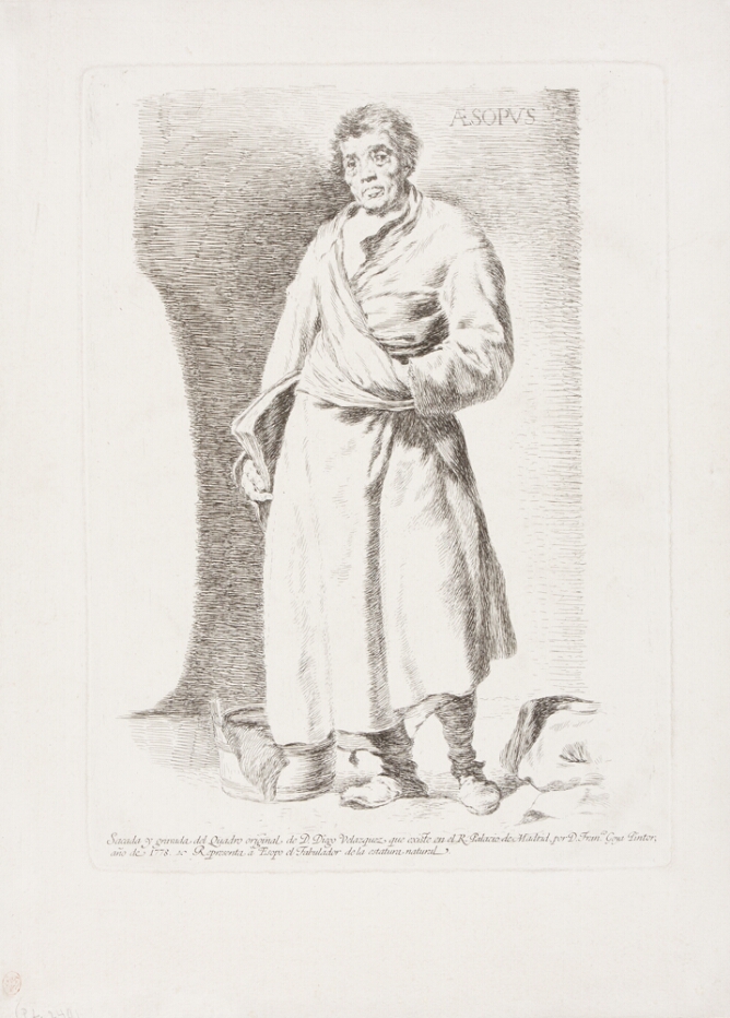 A black and white portrait of a standing older man, wearing a loosely tied coat and holding a book, with a pail at his feet
