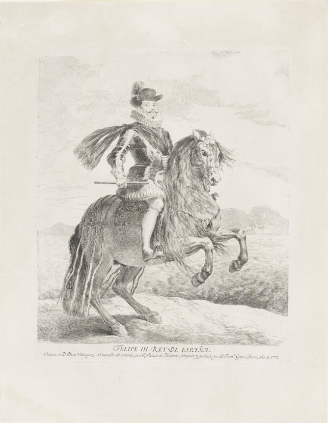 A black and white portrait of a man in armor on a rearing horse, wearing a plumed hat and holding a baton, set against a landscape