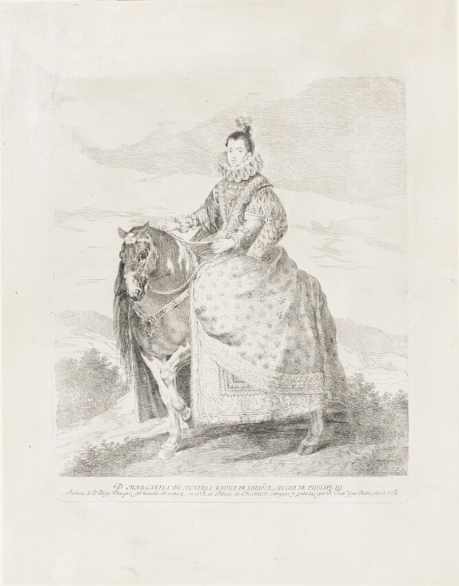 A black and white portrait of a woman on a horse, in formal dress with a large ruff, or collar, set against a landscape
