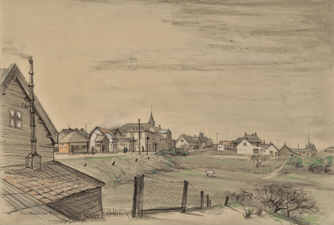 A drawing of a neighborhood behind open land