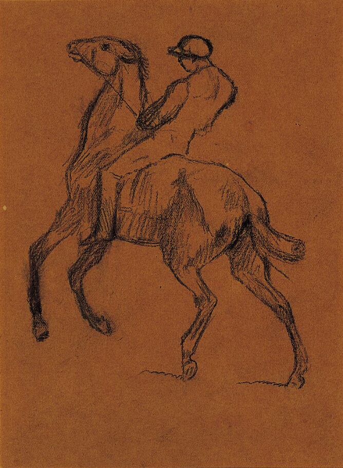 A mixed media drawing of a man on a horse with his back turn towards the viewer
