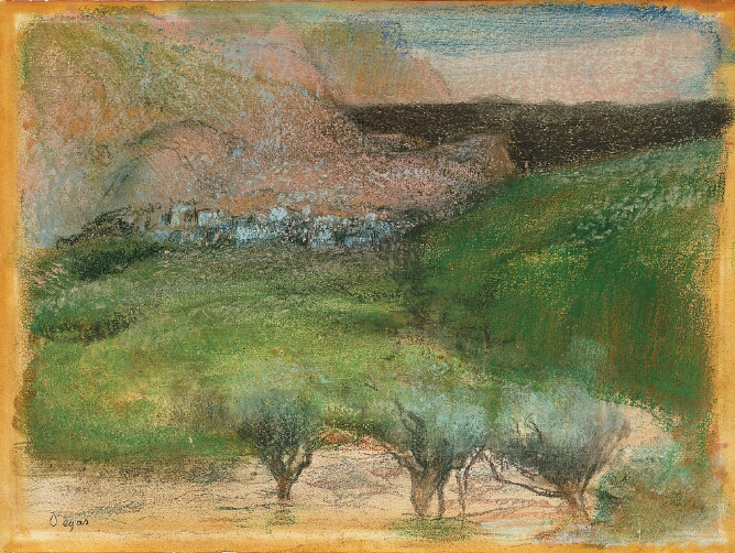 A color print of three trees at the bottom of a landscape