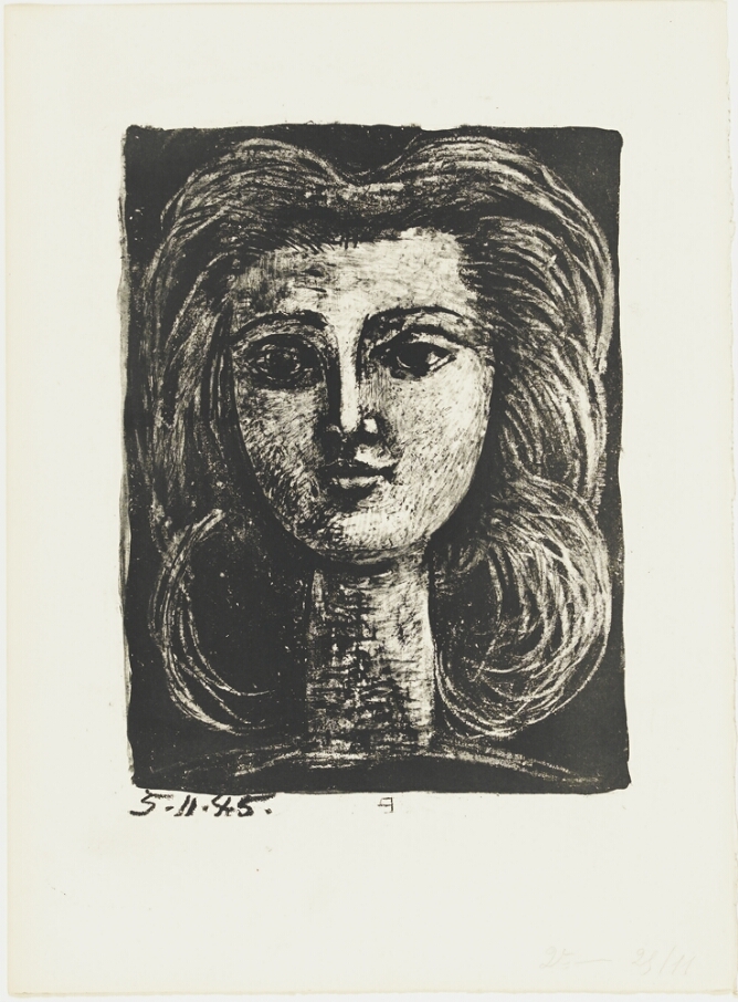 A black and white, high contrast print of the head and neck of a young woman