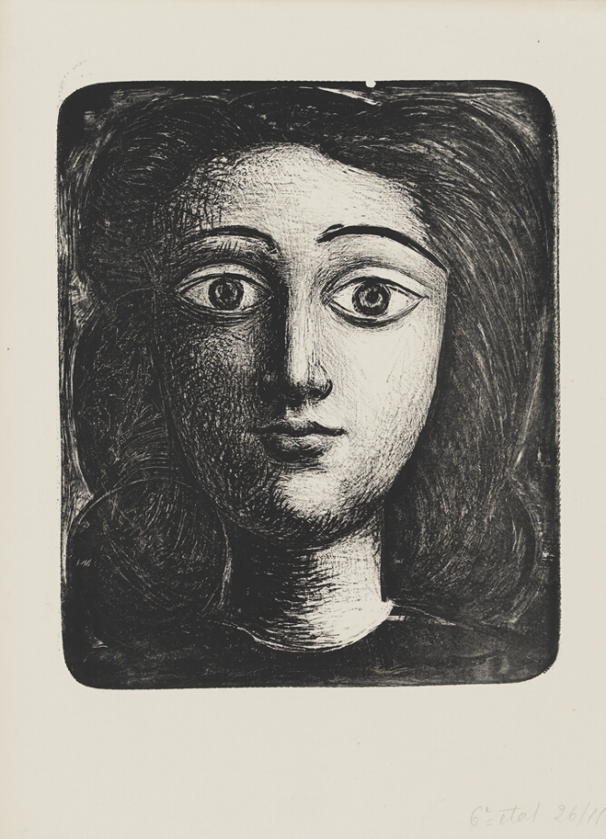 A black and white print of the head and neck of a young woman