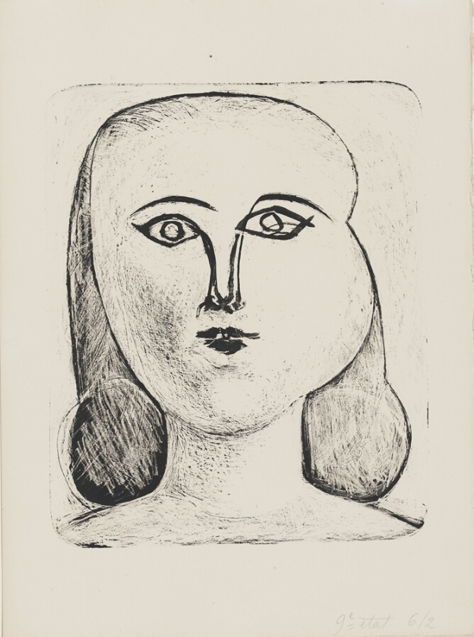 A black and white abstract portrait of a young woman with an exaggerated cheek, shown from the shoulders up