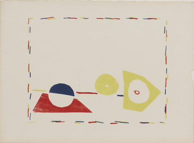 A print of circular and angular shapes framed with dotted lines, in the colors red, yellow and blue