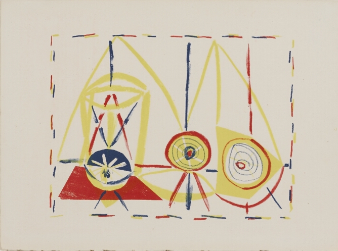 A print of spiral and star shapes with decorative lines, framed within dotted lines, in the colors red, yellow and blue