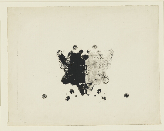 A black and white print of a blob-like shape connected to its mirrored lighter shape