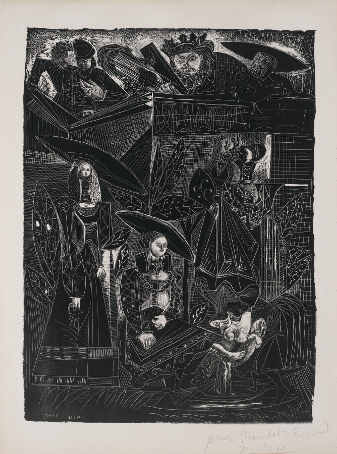 An abstract, mostly black print with areas of white that define a man with a harp, peering over a ledge to gaze at a sitting woman whose foot is being washed by another woman, while three other women stand behind them