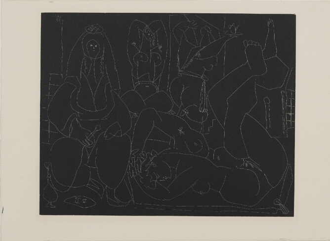 An abstract, mostly black print with areas of white thinly outlining a woman seated in frontal view, next to other nude women in various positions