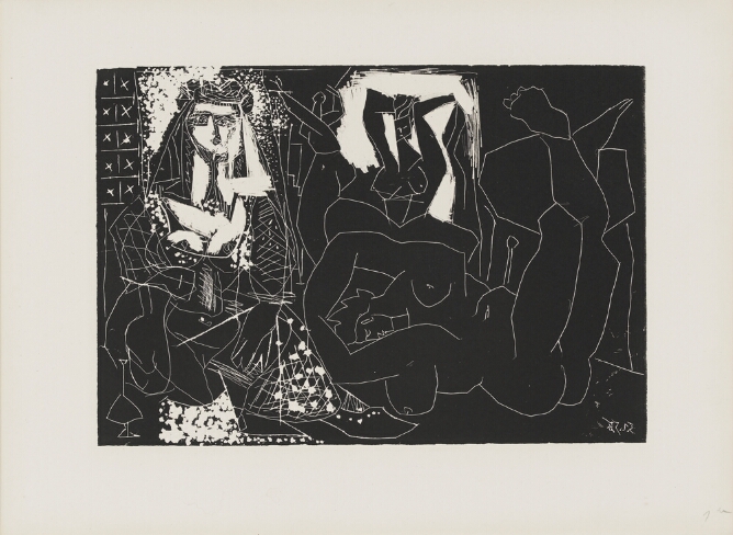 An abstract, mostly black print with areas of white highlighting a woman seated in frontal view, next to other nude women in various positions