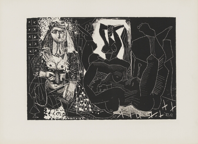 An abstract, mostly black print with areas of white highlighting a woman with exposed breasts, seated in frontal view, next to other nude women in various positions