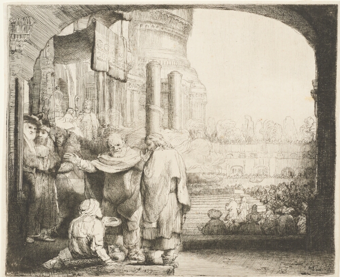 A black and white print of two men standing before a figure sitting up on the ground, under the arch of a building