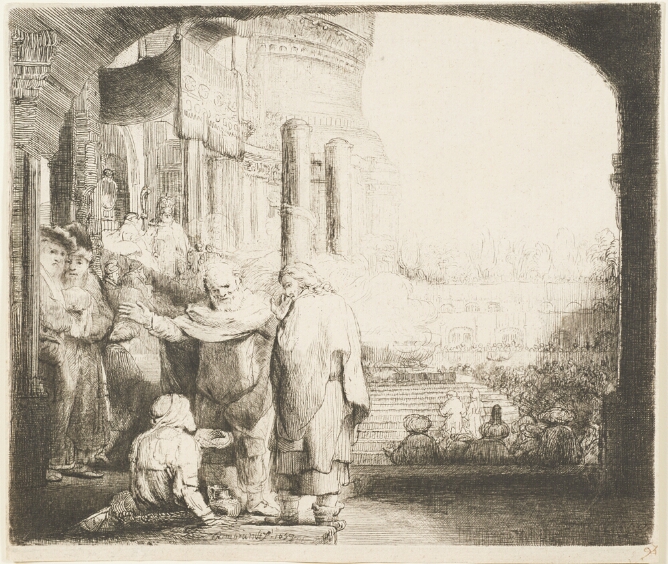 A black and white print of two men standing before a figure sitting up on the ground, under the arch of a building