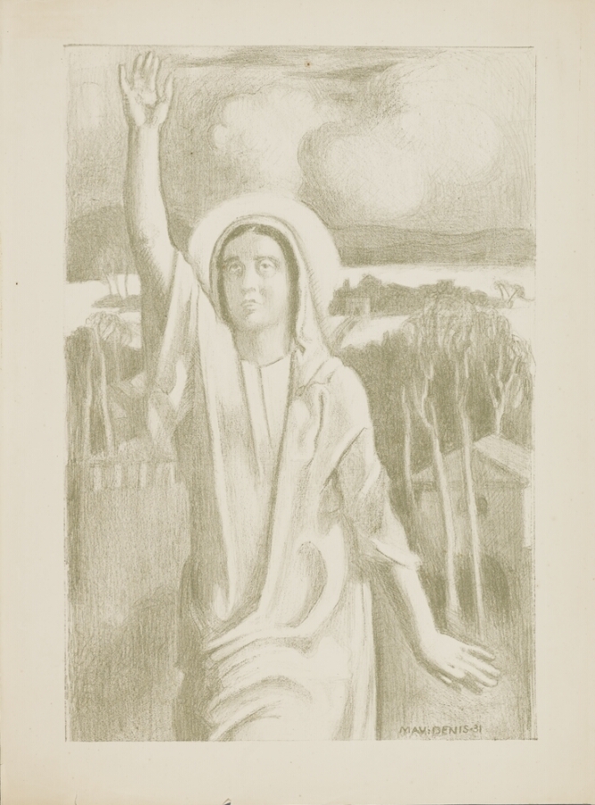 A black and white illustration of a woman wearing a headdress and loose garment, shown from the thighs up. She is raising her right arm and set against an outdoor background