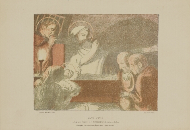 A color illustration of figures kneeling by a baby in a cradle. Two of the figures and the baby have a halo around their heads