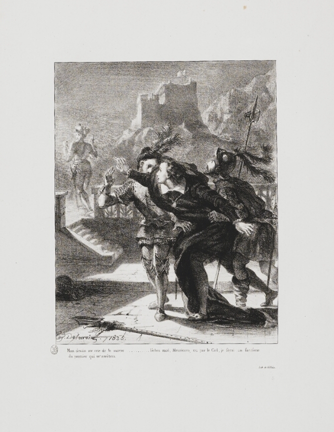 A black and white print of a young man running towards a man standing in the distance, while two men try to hold him back