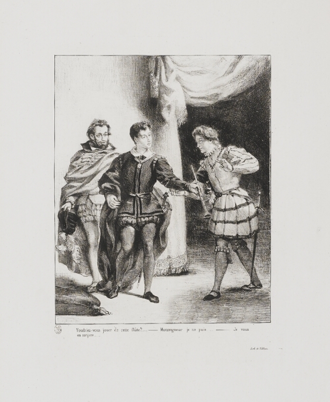 A black and white print of a young man standing between two other men and handing an instrument to the man on his left