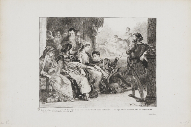 A black and white print of figures seated together by a stage where other figures are performing