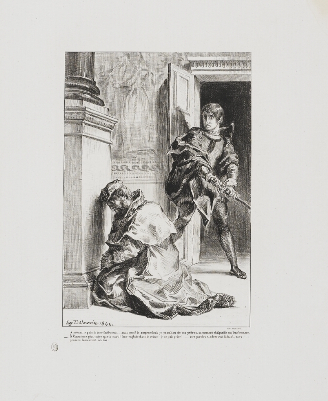 A black and white print of a young man with a sword standing by an open door, finding a kneeling man in royal attire praying by a column