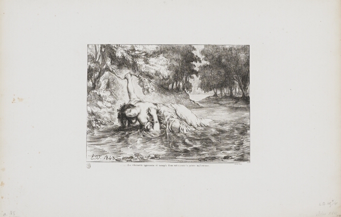 A black and white print of a young woman fallen into a flowing body of water and holding onto a branch above her