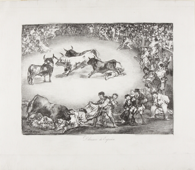 A black and white print of four bulls in the center of an arena with an audience watching. Another bull in the foreground tramples figures