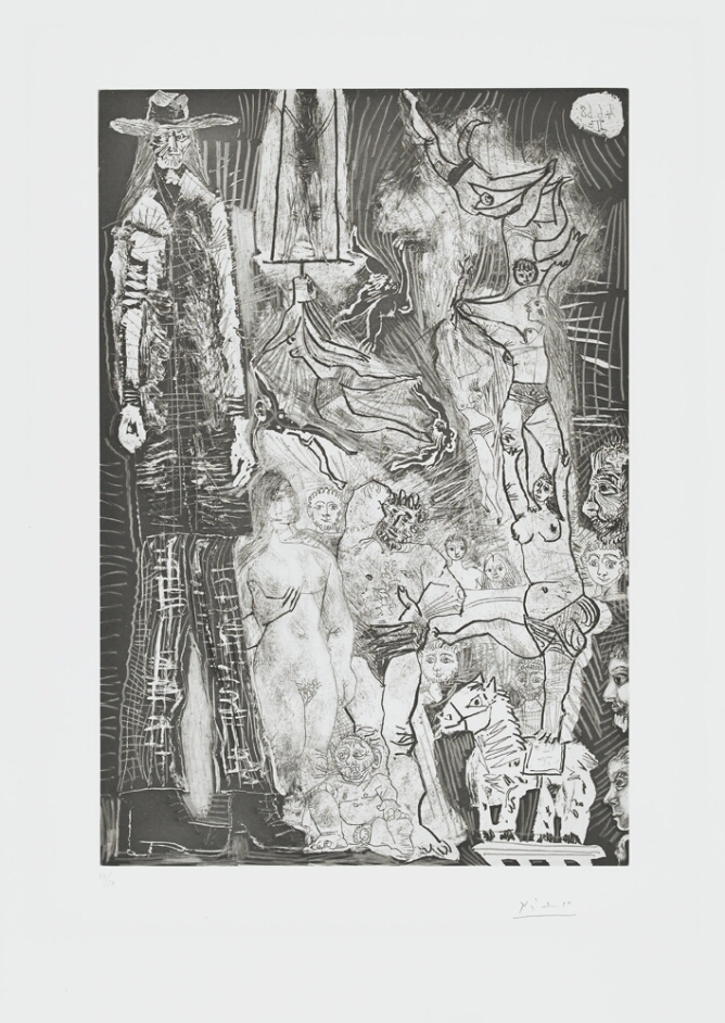 A black and white, abstract print of a giant figure standing next to a small, nude, seated old man with figures performing various acrobatic acts around them