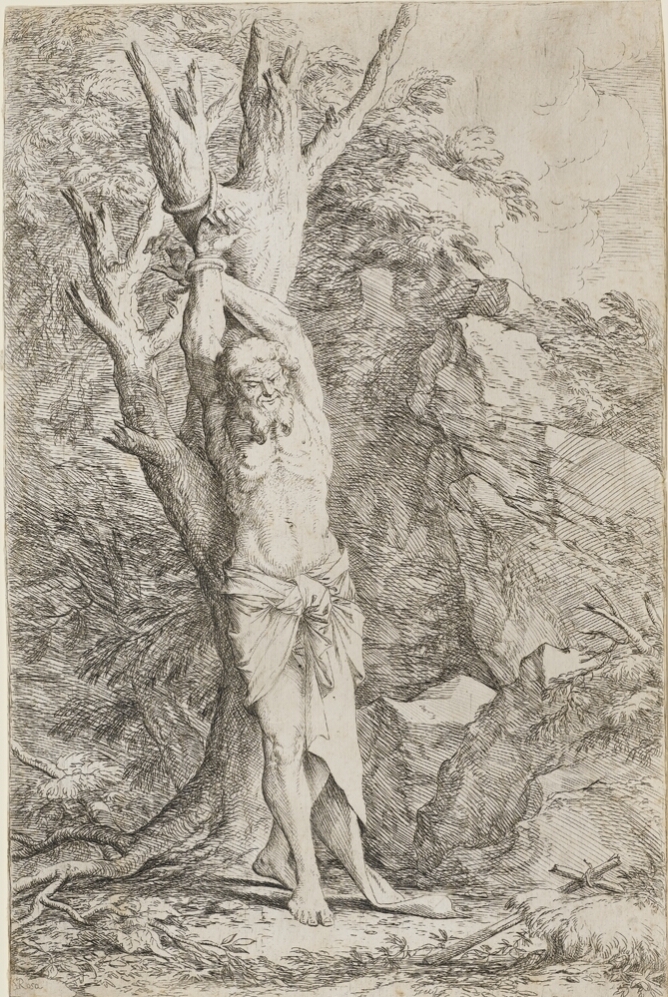 A black and white print of a man standing with his arms above his head and his wrists bound to a tree