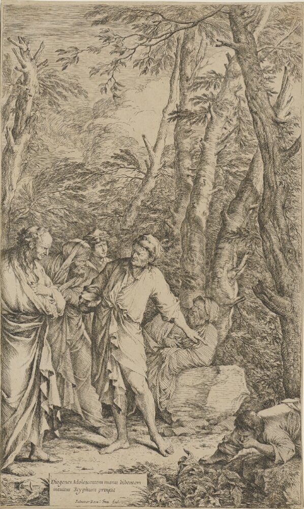 A black and white print of a man standing by trees, holding a bowl, and engaging with other standing figures