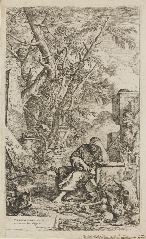 A black and white print of a man seated with his hand over his head. Surrounding him are skulls, bones and miscellaneous objects by trees