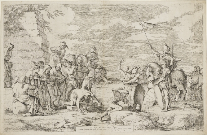 A black and white print of a figure lying inside an overturned barrel with a spiked lid. Other figures are hammering into the barrel as additional figures surround them and watch