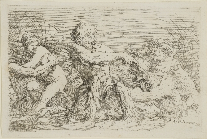 A black and white print of monstrous creatures in the water fighting. A creature to the viewer's left holds onto a nude woman
