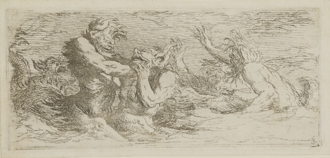 A black and white print of monstrous creatures in the water, with one strangling another