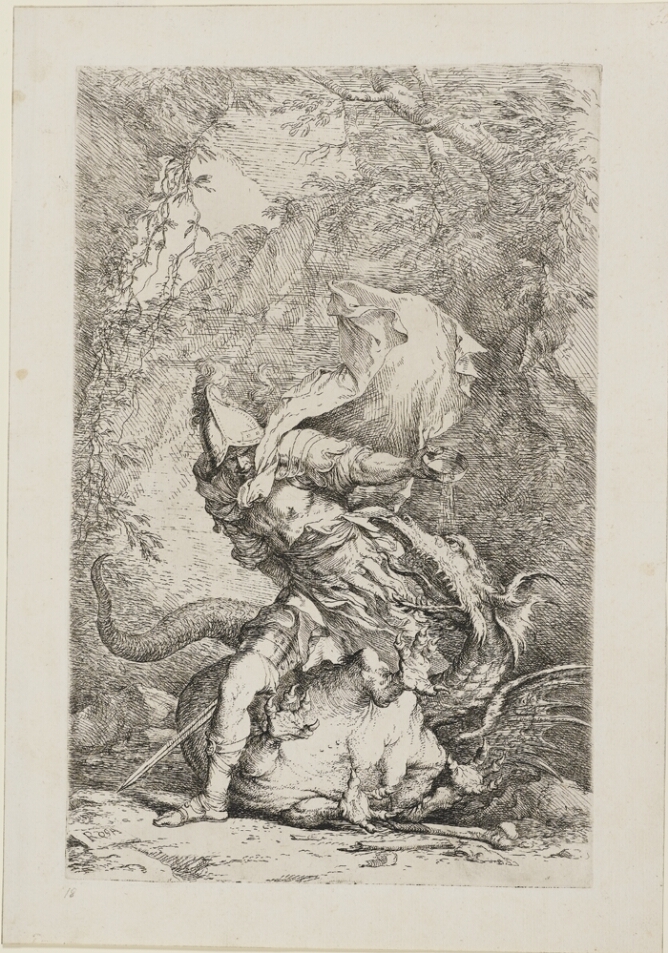 A black and white print of a man in armor standing over a dragon, pouring liquid from a bowl onto the dragon's face
