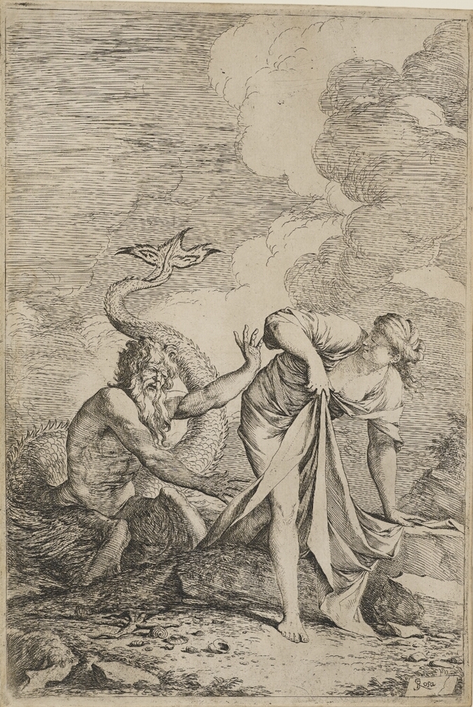 A black and white print of a man with a fish's tail reaching out for a standing woman trying to get away from him