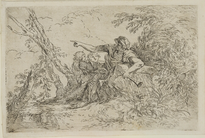 A black and white print of a man sitting back on a rock, holding a flute and pointing, as two other figures look up towards him